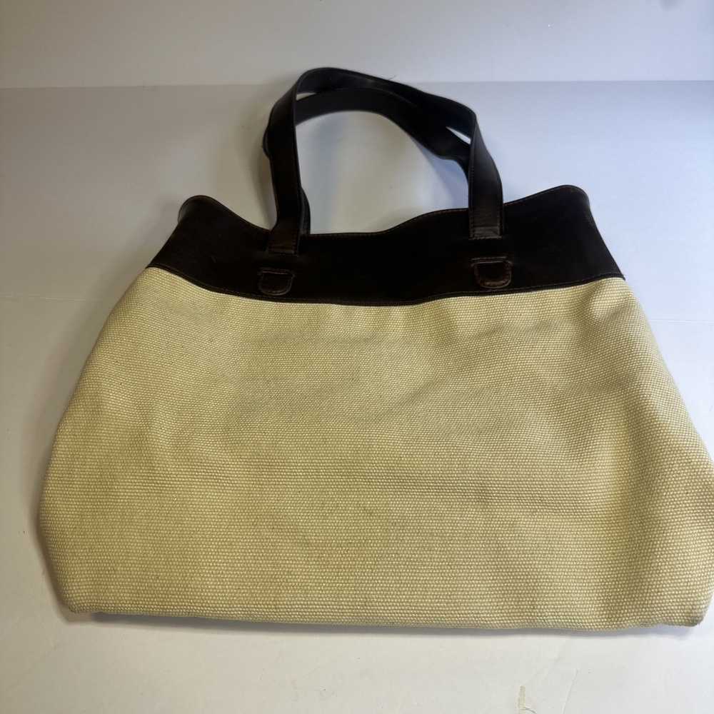 Vtg 80s 90's Liz Claiborne Canvas Faux Leather Tote/ Bag Two-tone Cream Brown